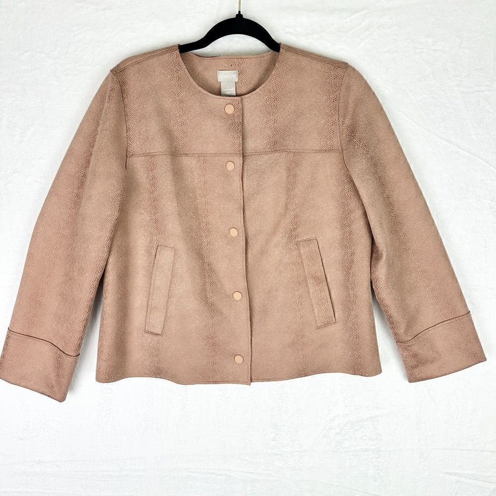 Chico's Faux Scuba Suede Jacket Size 1 Medium 8/10 NWT Desert Tan